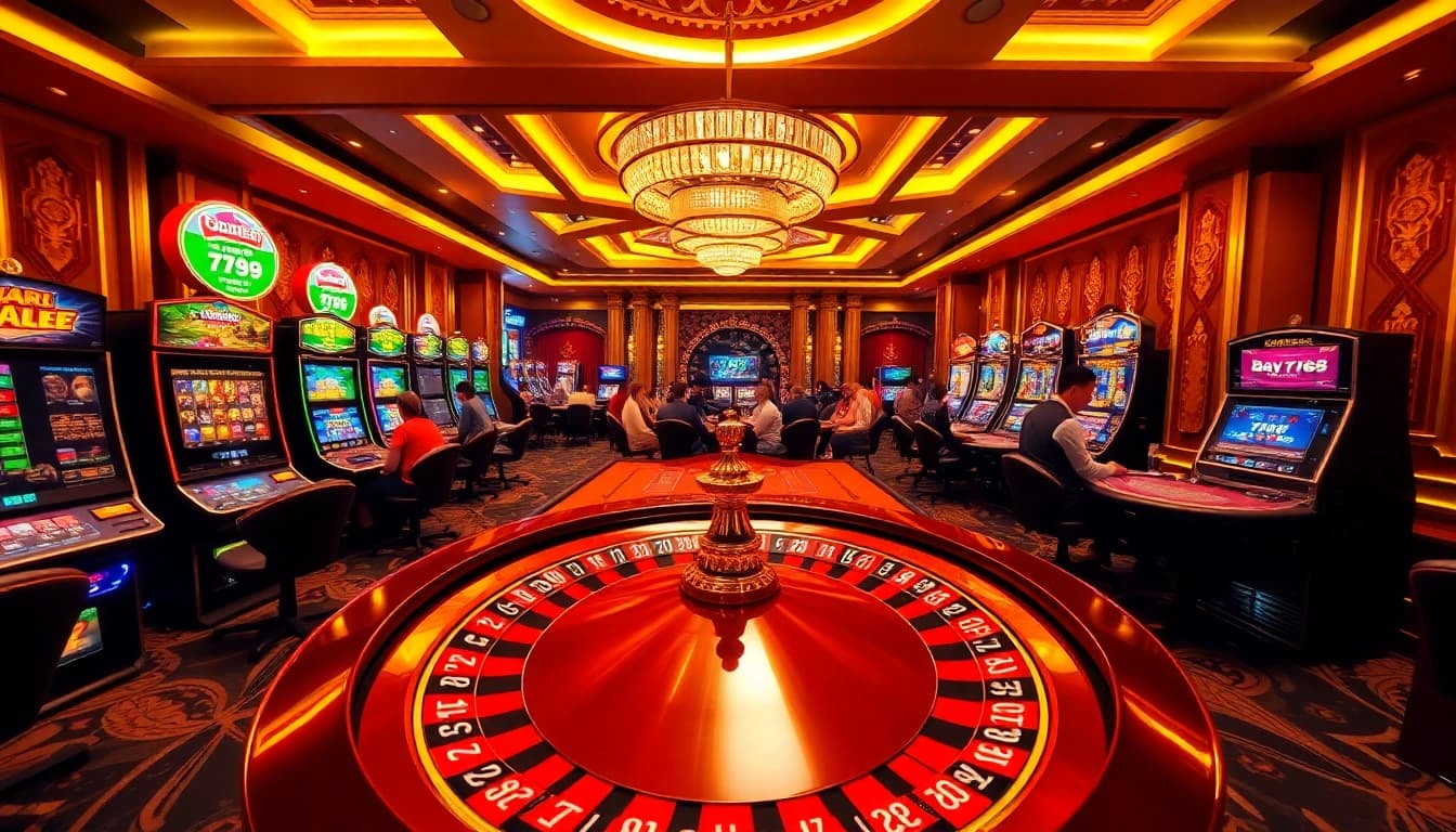 Gaming at the Bay 789 casino with vibrant tables, roulette, and slot machines.