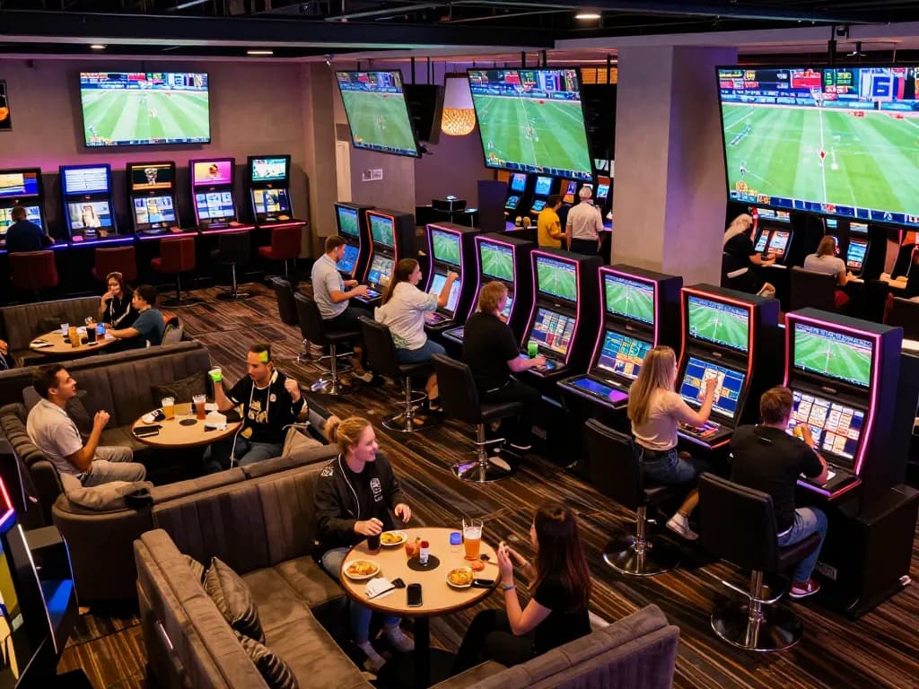 Patrons engaging in sports betting and celebrating wins in a vibrant hit club lounge.