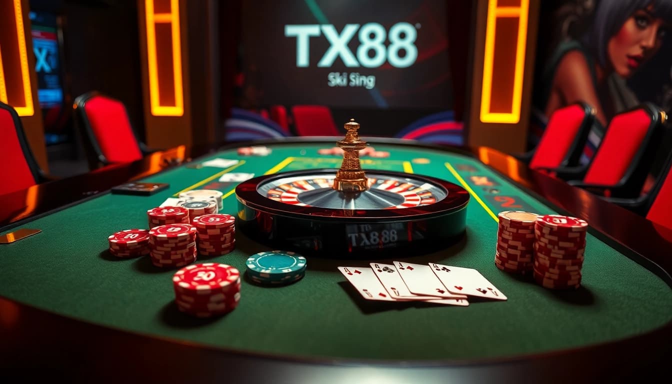 Experience high-stakes gambling at a luxurious casino table featuring iconic TX88 elements.