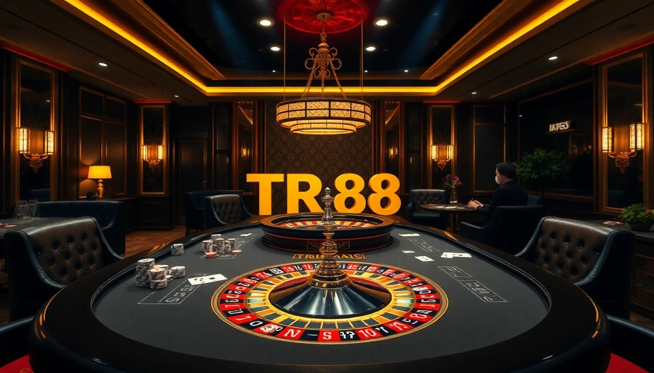 Experience TR88 gaming action at a luxury casino table with vibrant poker chips and cards.