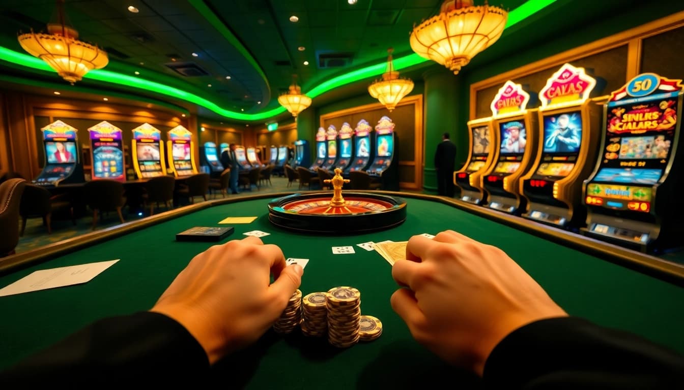 Go88 gaming excitement with a luxurious poker table, roulette wheel, and vibrant slot machines.