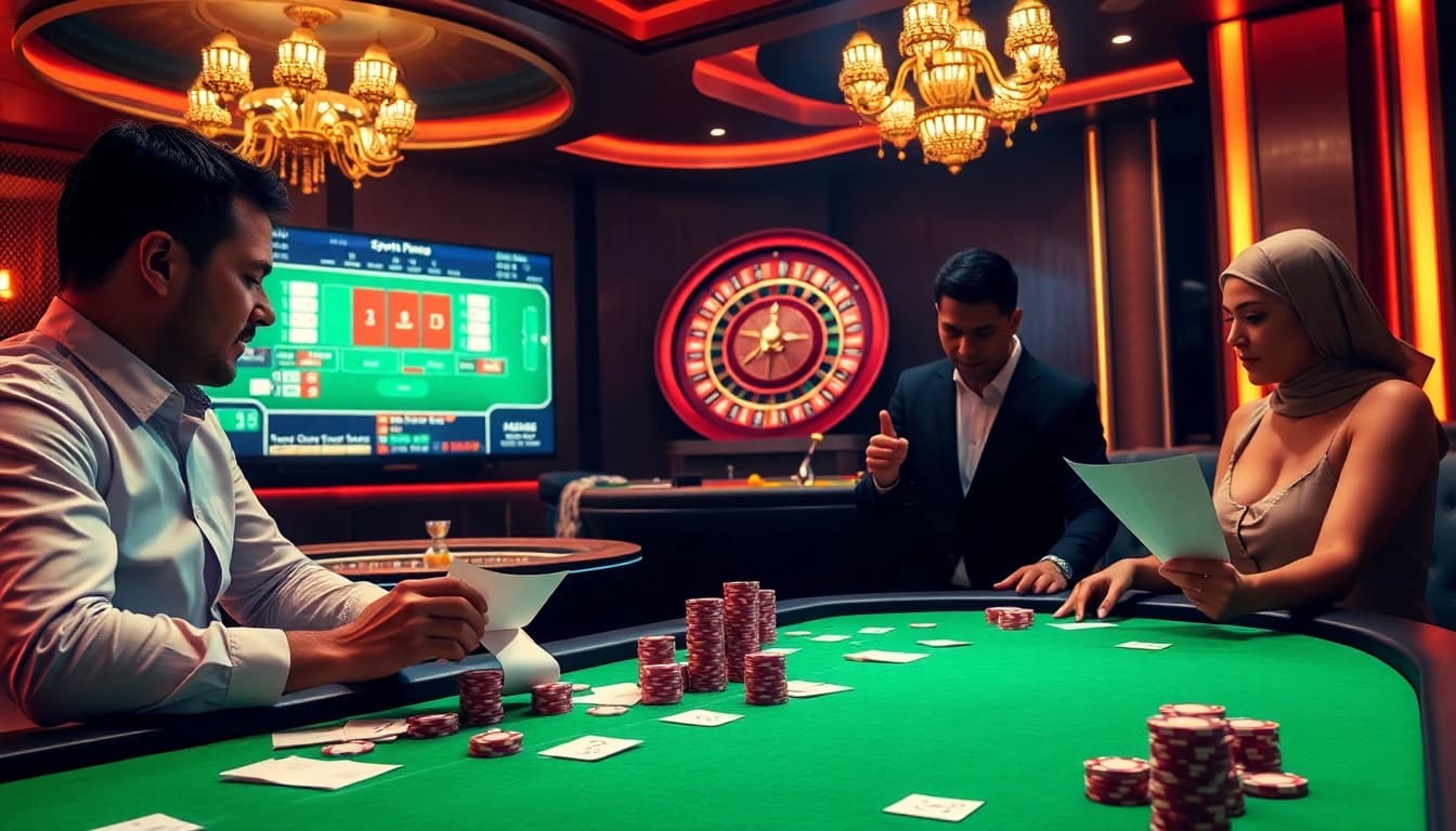 Exciting kèo nhà cái sports betting scene with luxurious tables and live betting updates.