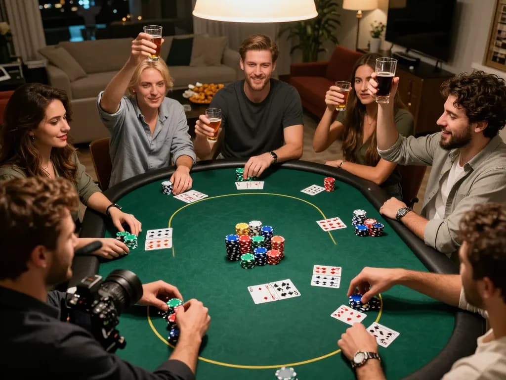 Friends celebrating a win in their home poker game, showing the excitement of dash88
