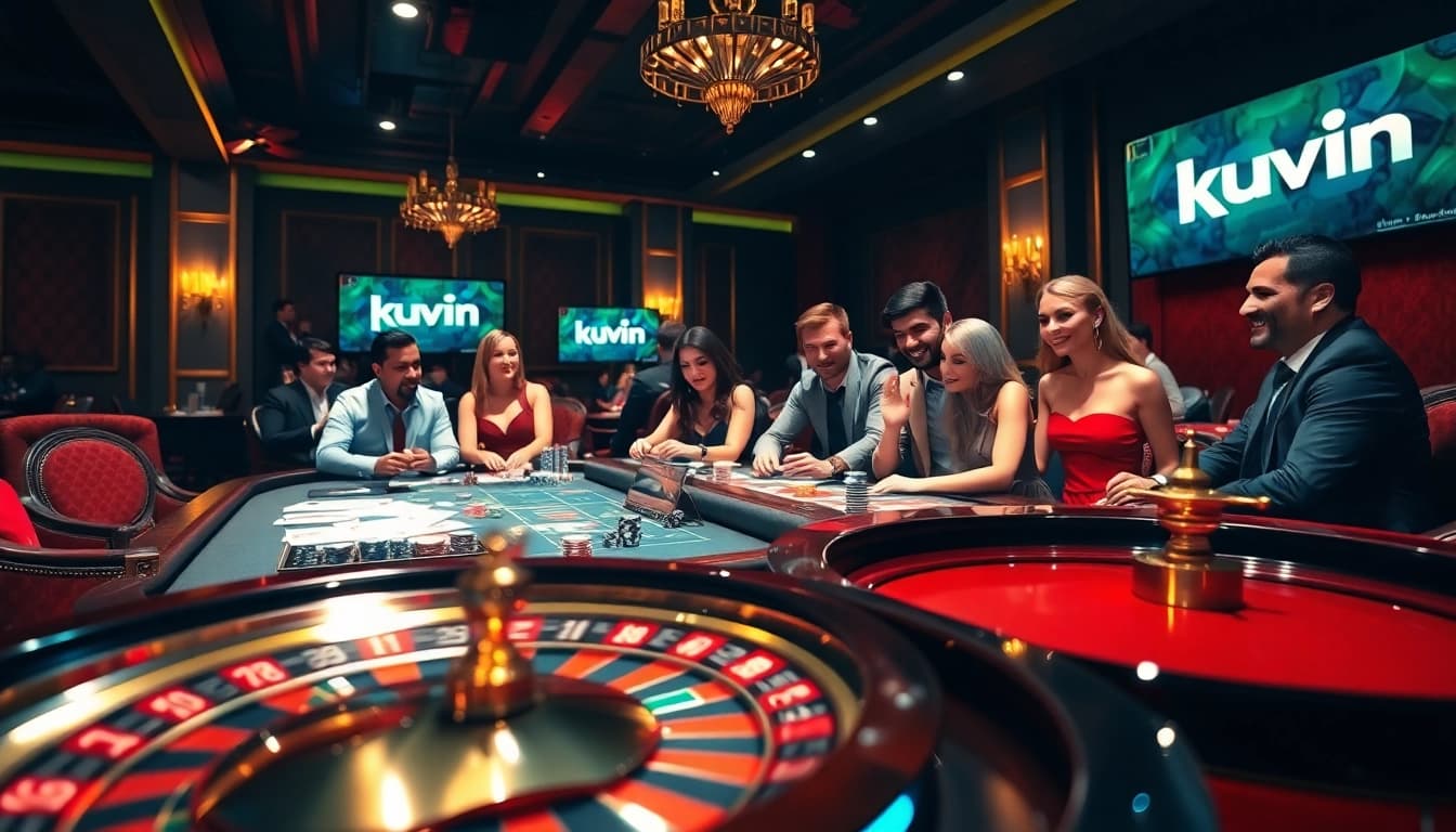 Kuwin online casino showcases an exciting poker game with vibrant chips and a glowing roulette wheel.