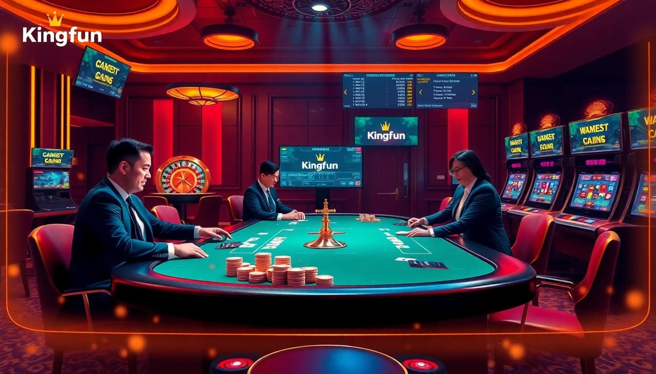 Experience the excitement of online gambling with Kingfun at a vibrant casino featuring poker, roulette, and slot machines.