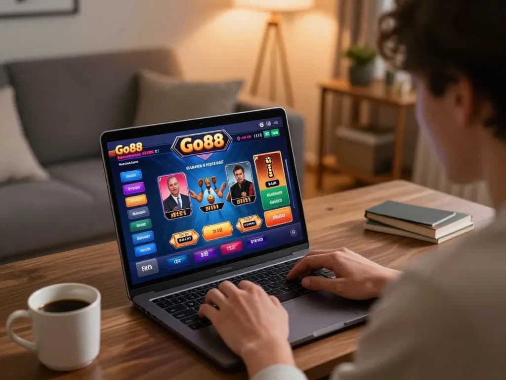 Playing Go88 online casino game on a laptop with vibrant graphics in a cozy home setting.