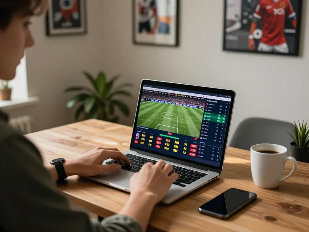 Engaging online sports betting scene with user analyzing odds at home while using uu88 platform