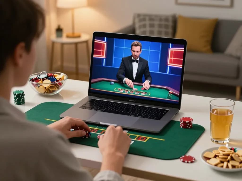 Kuwin player immersed in live dealer blackjack strategy at home.