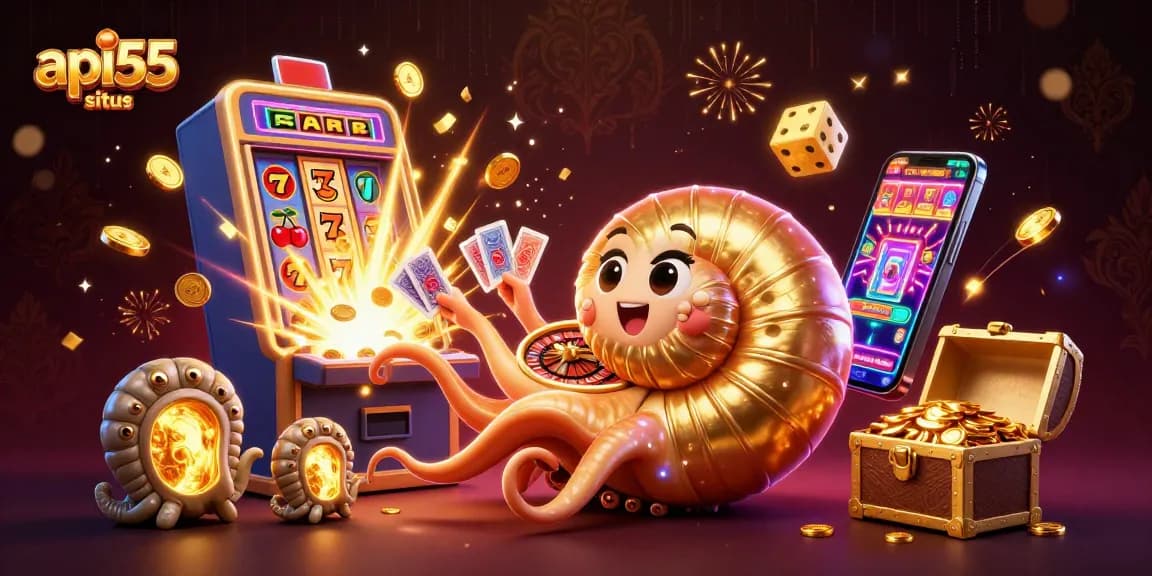 Experience excitement at api55 situs with a vibrant 3D casino scene featuring games and winning elements.