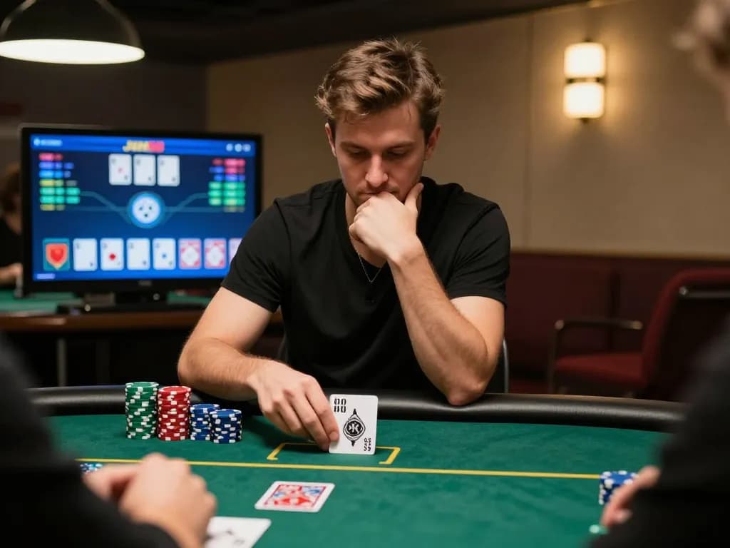 Player enjoying strategic gameplay at nhà cái jun88 online casino with colorful poker chips.