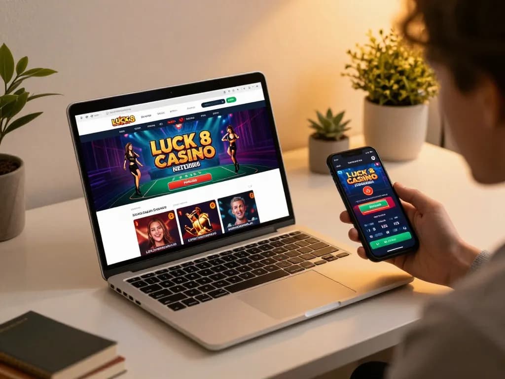 Engaging user at luck 8 online casino enjoying a seamless gaming experience on laptop and smartphone.