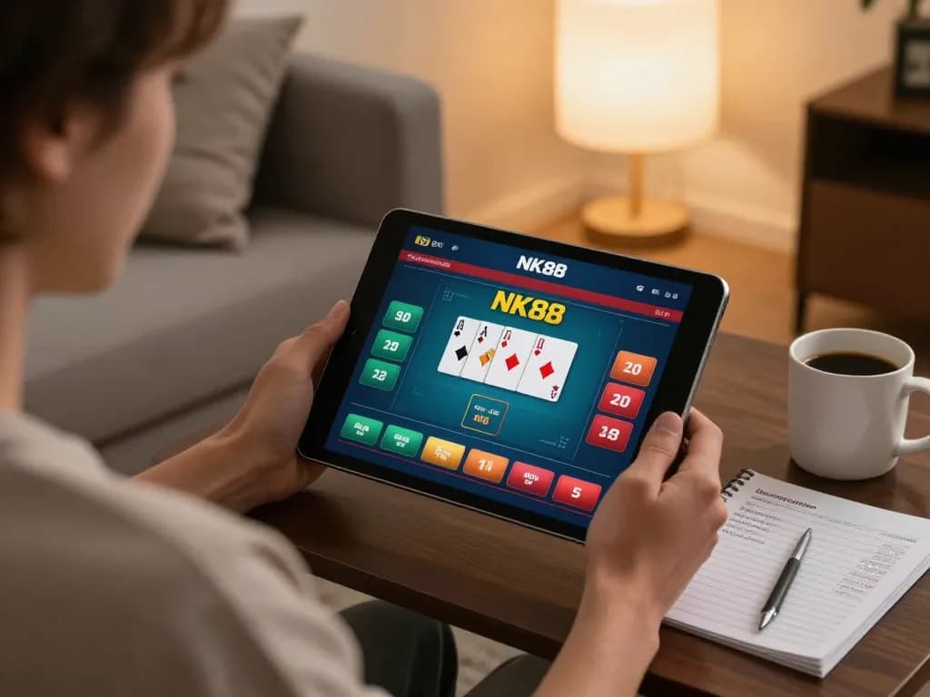 NK88 online casino gaming setup with tablet showing poker interface and bankroll notes for responsible gambling.