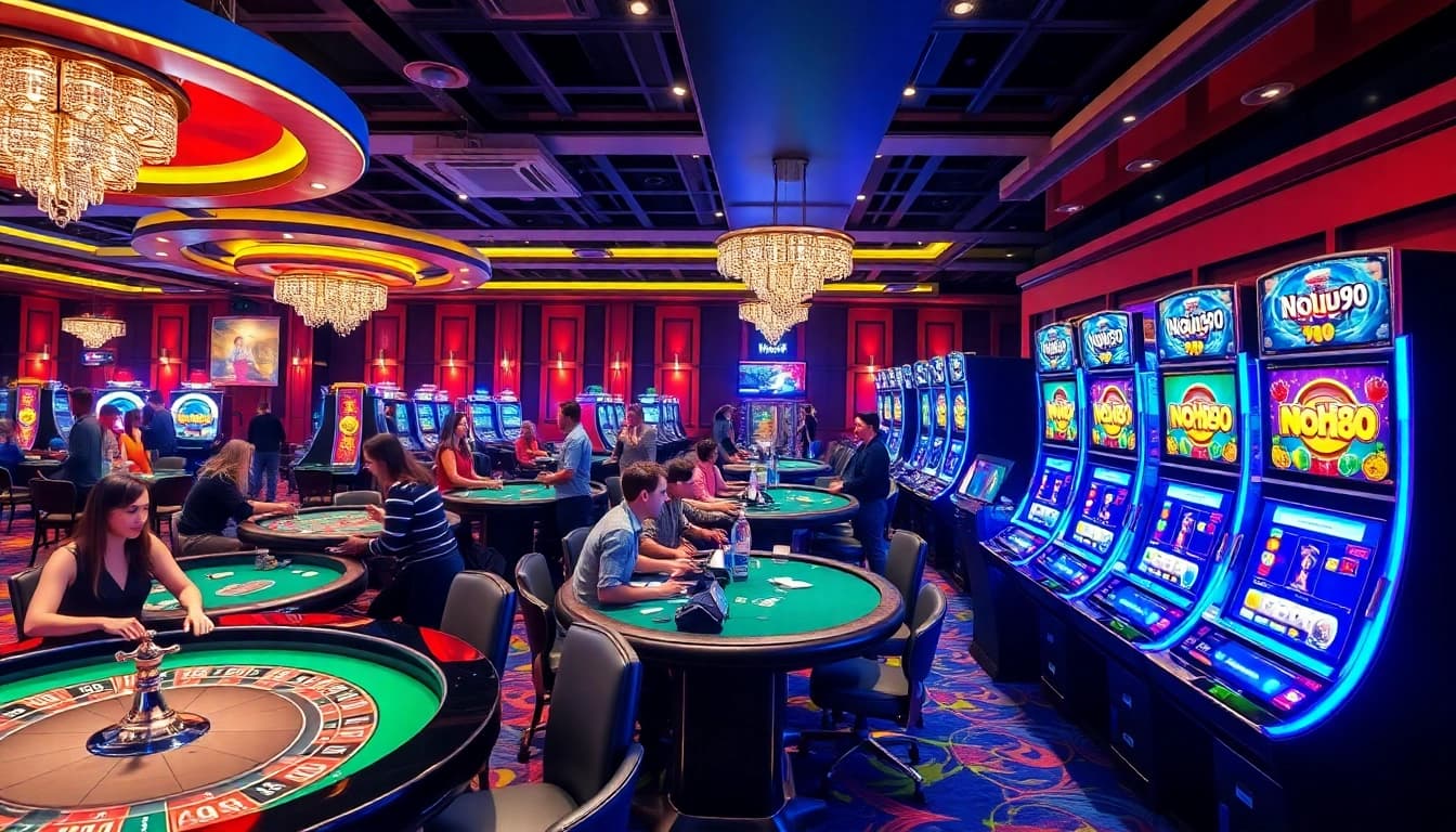 Gamblers experiencing the thrill of Nohu90 slots and table games in a luxurious casino environment.