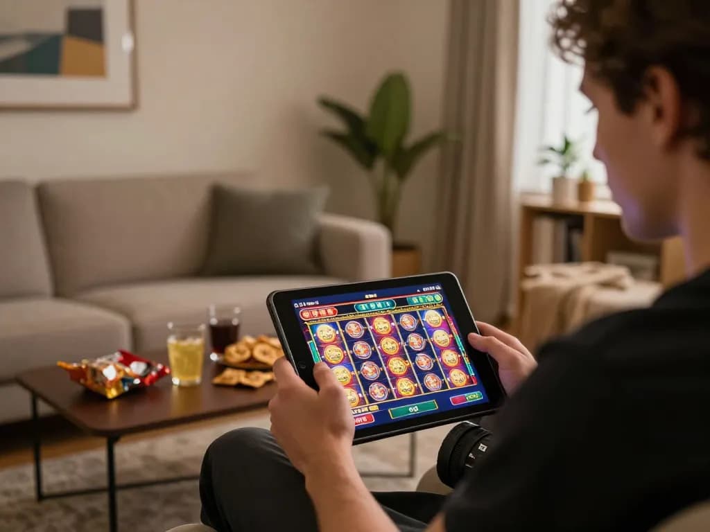 Engaging gaming experience with toto slots on tablet in cozy living room atmosphere.