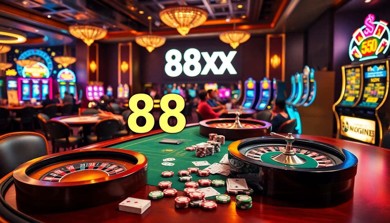 Players engaging in thrilling casino games at 88xx with vibrant tables and exciting slot machines.