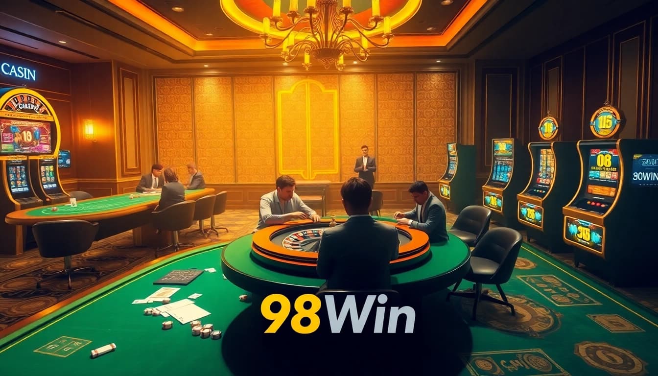 Experience thrilling gameplay at 98Win with poker, roulette, and slot machines in a luxurious casino setting.
