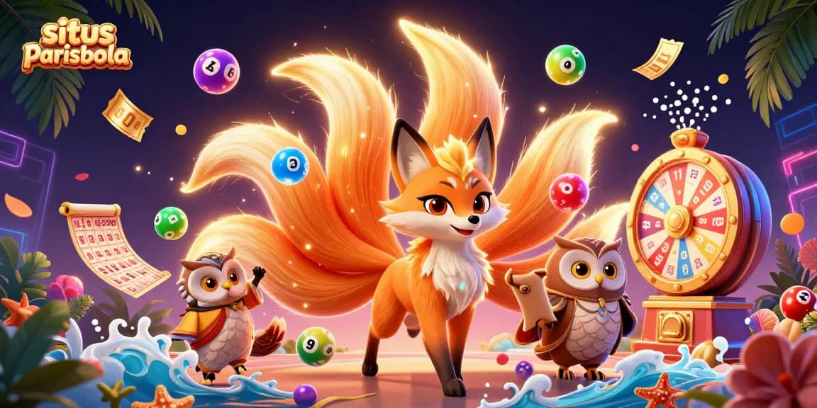 Engage with situs parisbola through colorful lottery balls, vibrant prize wheels, and a magical fox spirit in a dynamic 3D scene.