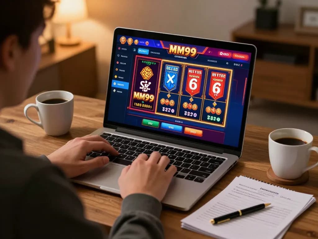 Engaging in gameplay at MM99 online casino with vibrant graphics and strategy notes present.