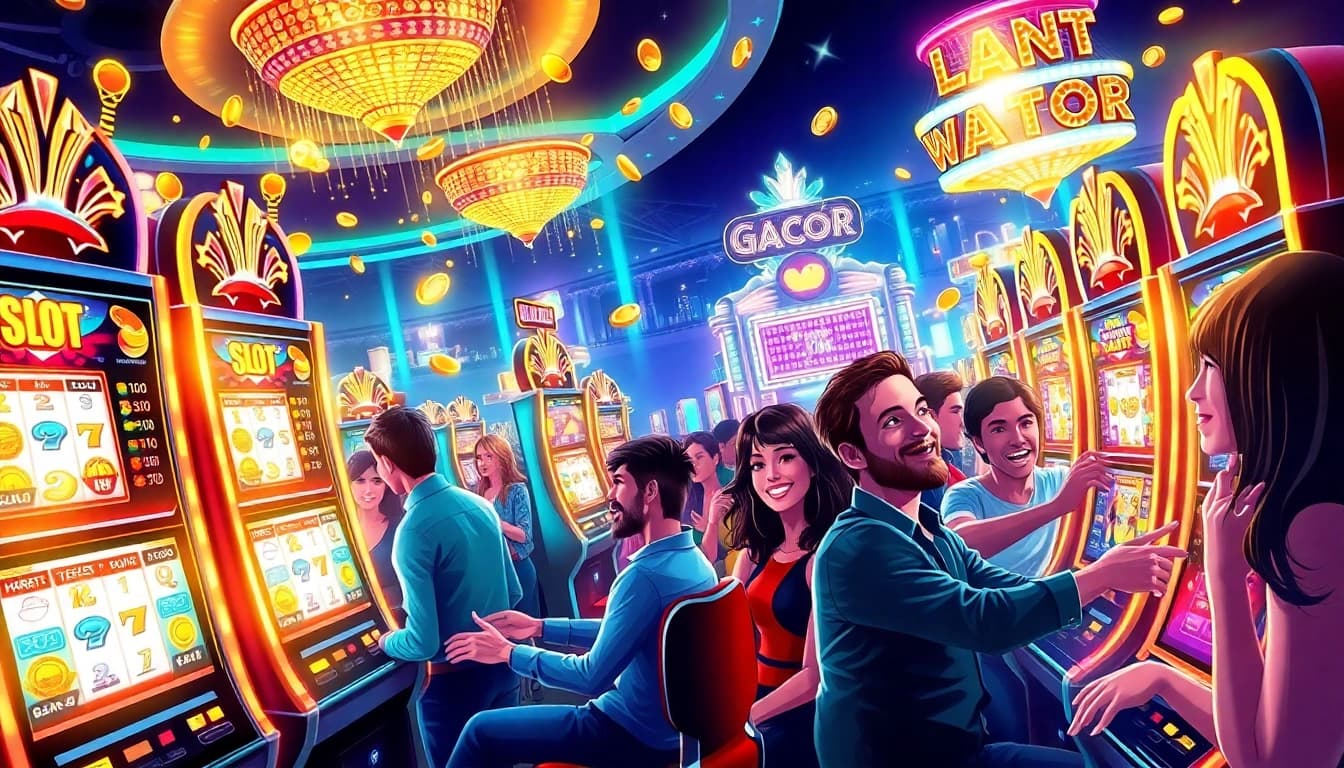 Excited players enjoying Slot Gacor with vibrant slot machines in a luxurious casino environment.