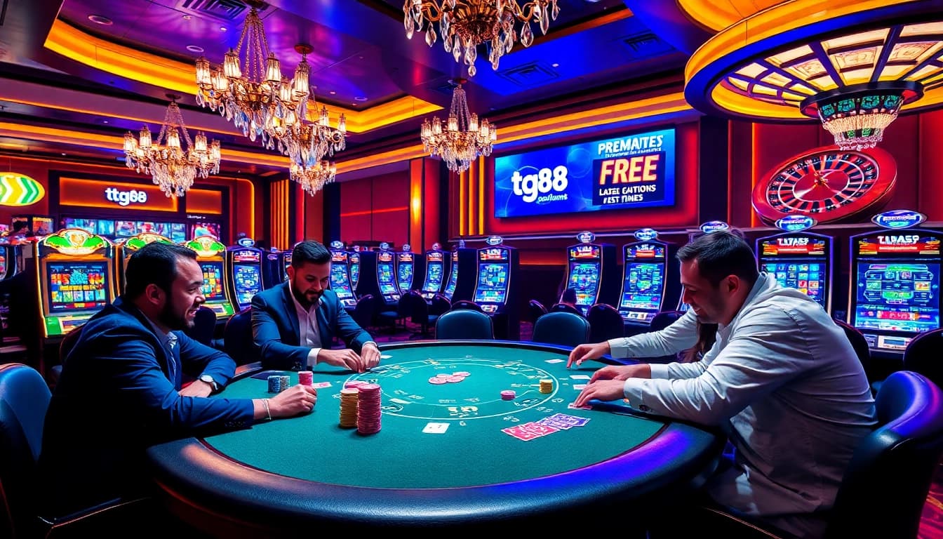 Experience exciting gameplay at tg88 with vibrant casino visuals of poker and roulette tables.