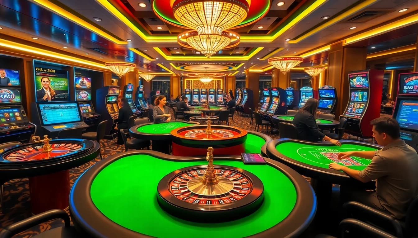Experience the excitement of vn88 with vibrant poker tables and slot machines lighting up the casino.