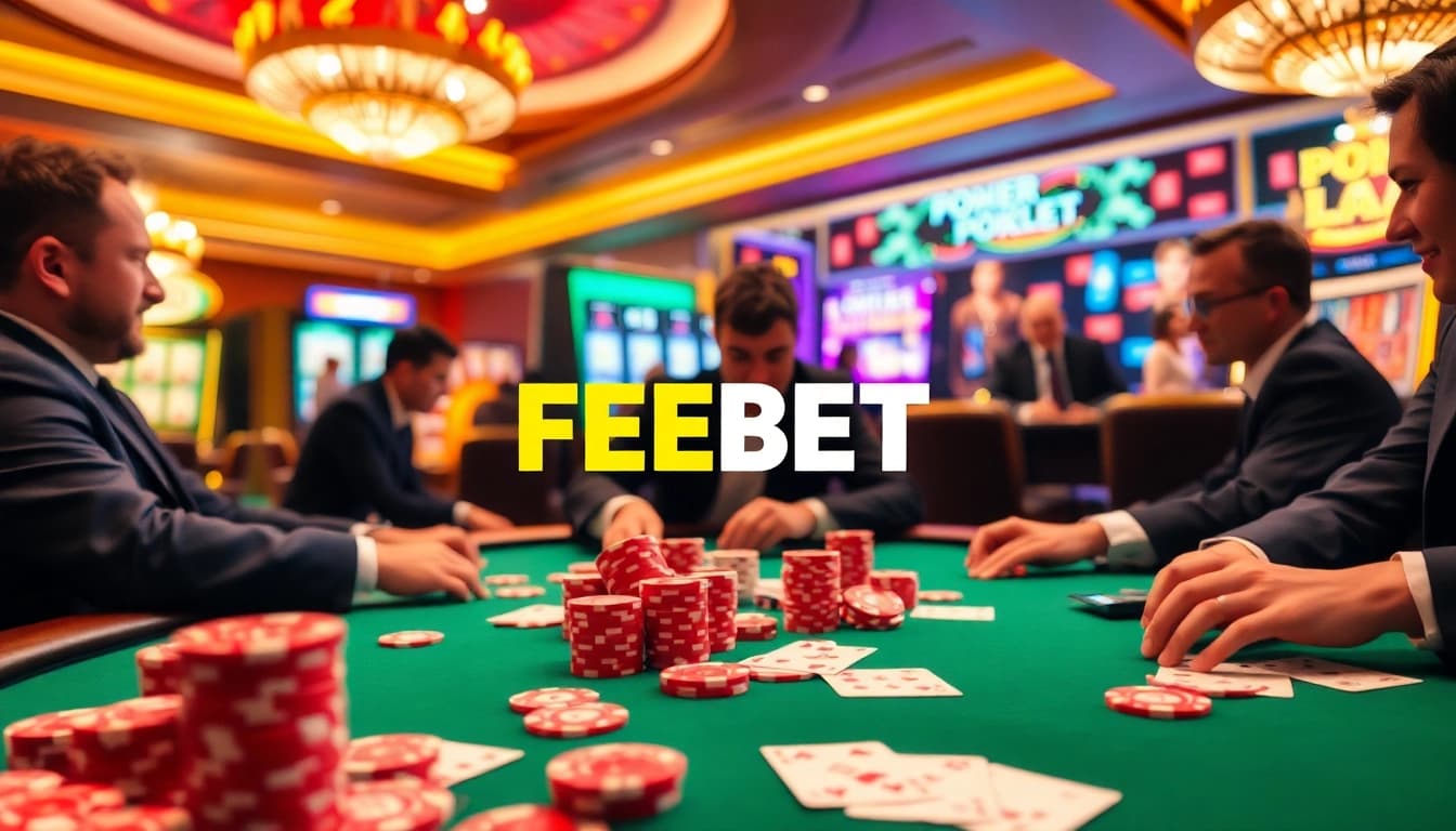 Experience thrilling poker at FEBET's luxurious casino tables with vibrant chips and cards.