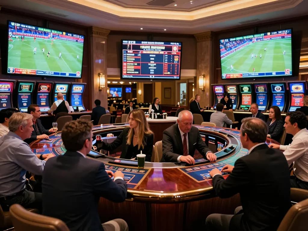 FABET patrons placing bets while watching live sports, showcasing an engaging gambling atmosphere.