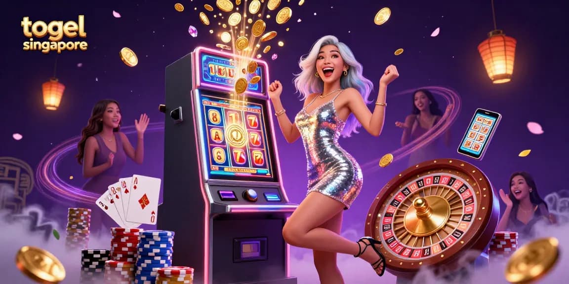 Togel Singapore delights with a celebrating woman winning on a slot machine amidst a cascade of coins and jewels.