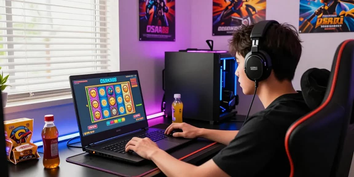 Exciting OSAKA88 online gaming setup with vibrant graphics, laptop, and snacks.