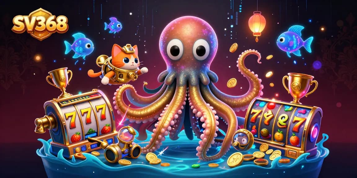 Engage in thrilling slot games at SV368 with an exciting kraken and diving cat scene.