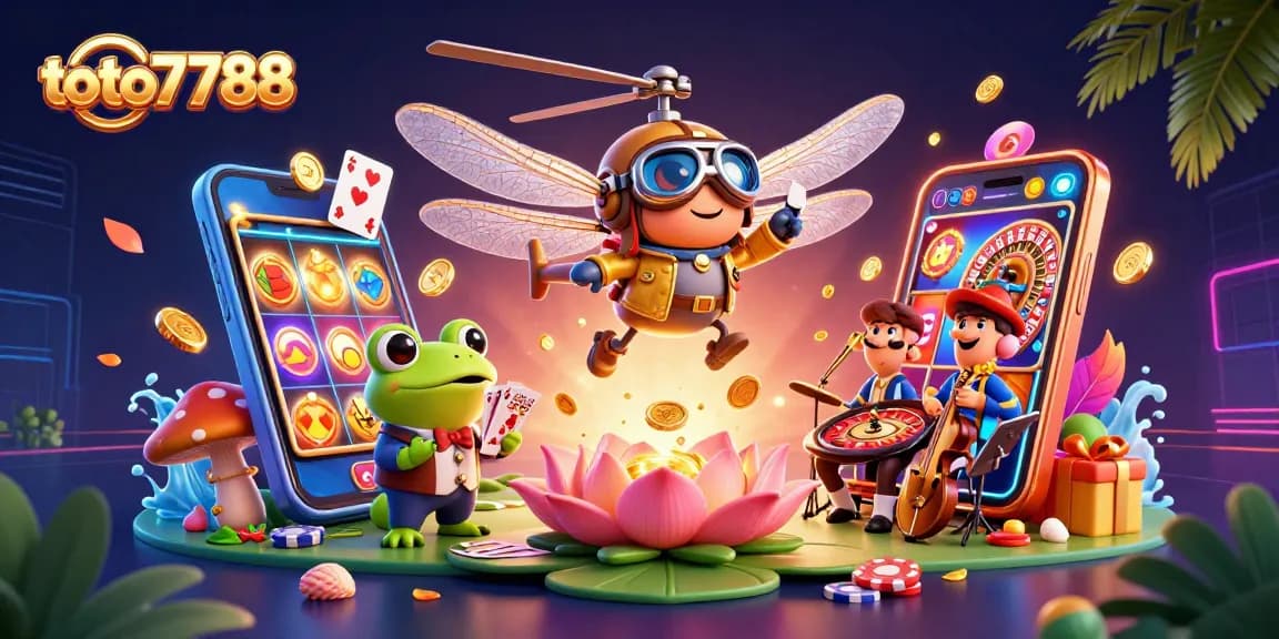 Toto7788 players engage with dynamic Togel slot events featuring a lively dragonfly pilot and frog croupier.