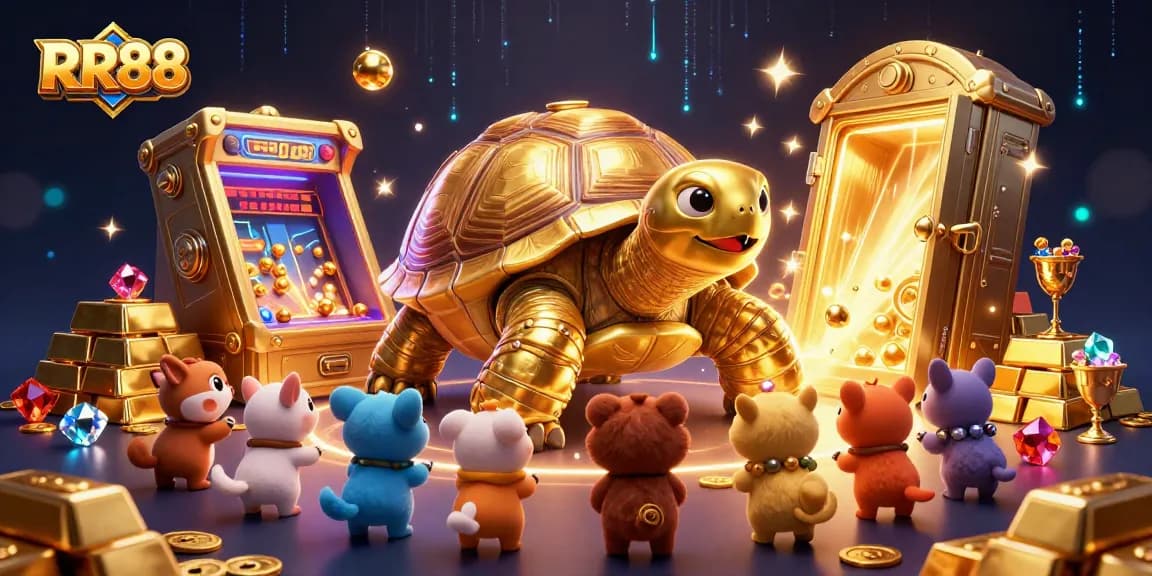 Experience RR88's vibrant gaming action with a colossal tortoise pinball machine in this lively illustration.