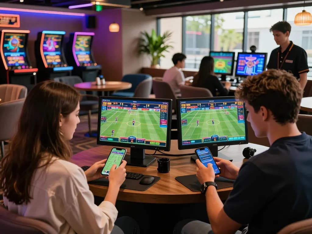 Exciting Onbet88 online betting scene with players engaging through smartphones in a vibrant casino lounge.