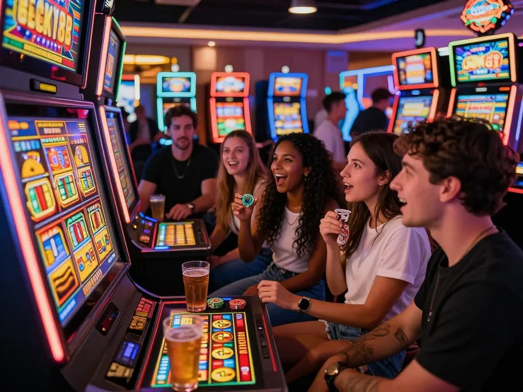 Excited group playing the Lucky 88 slot machine in a lively casino with colorful lights.