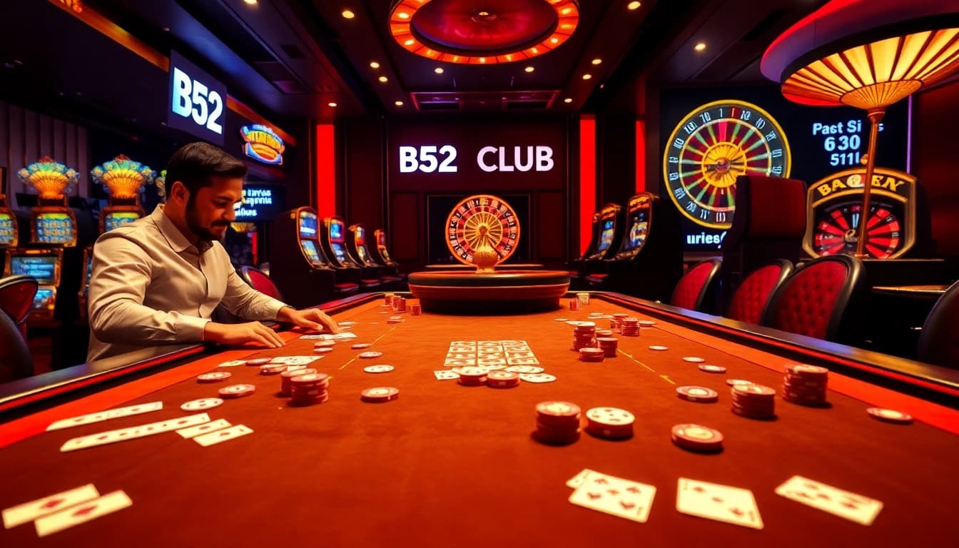 Players enjoying a thrilling game at B52 CLUB casino table with cards and chips visible.
