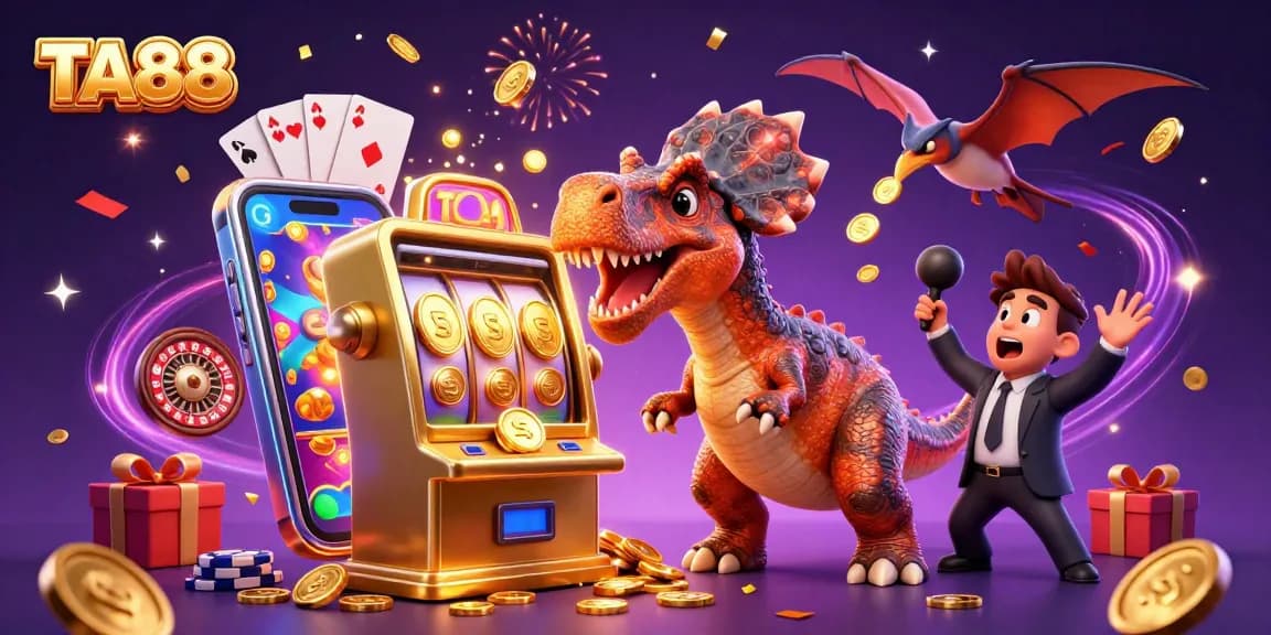Experience TA88 casino excitement with colorful slot machines, golden coins, and dynamic characters.