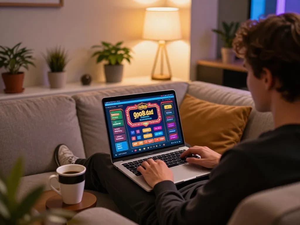 A person gaming online at https://go8.dad/ on a laptop in a cozy living room setting.