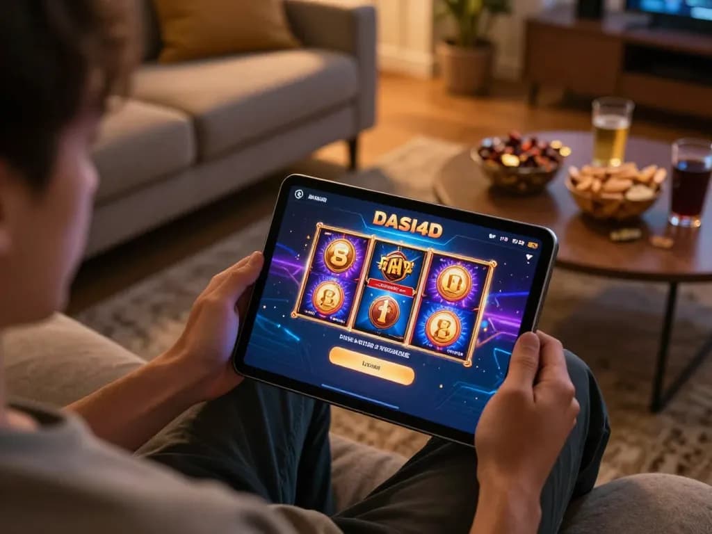 Antarmuka login DASI4D ditampilkan di tablet selama sesi permainan di rumah yang menarik dengan grafis yang hidup.