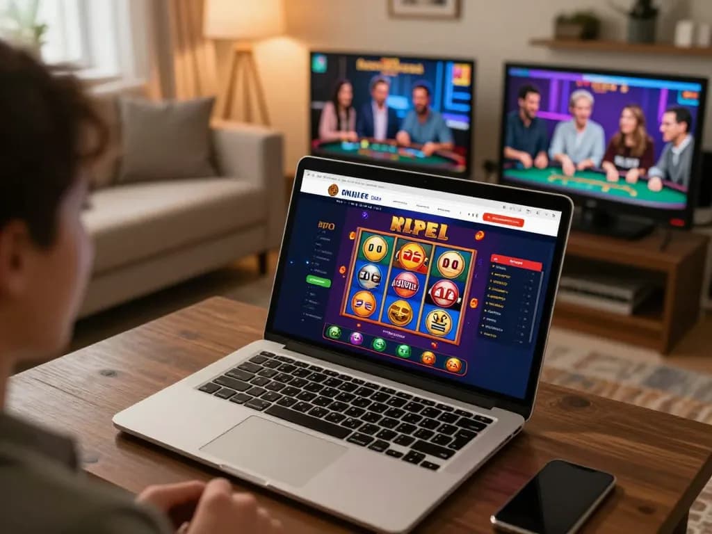 Engaged user playing at https://mk8th.net/ online casino with friends, showcasing poker and slots in a cozy home environment.