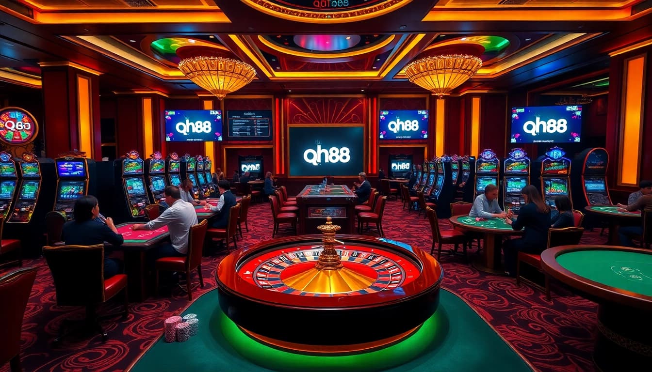 Experience the thrill of qh88 casino with players at roulette tables and vibrant slot machines.