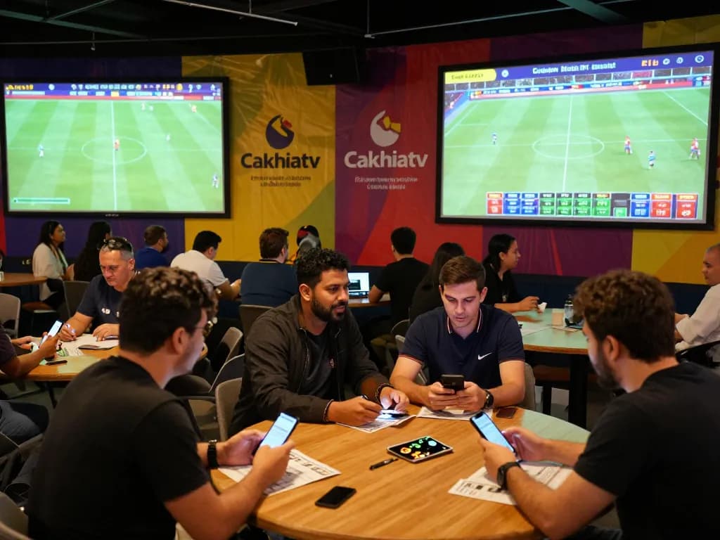 Cakhiatv sports fans placing bets and cheering in a lively viewing arena