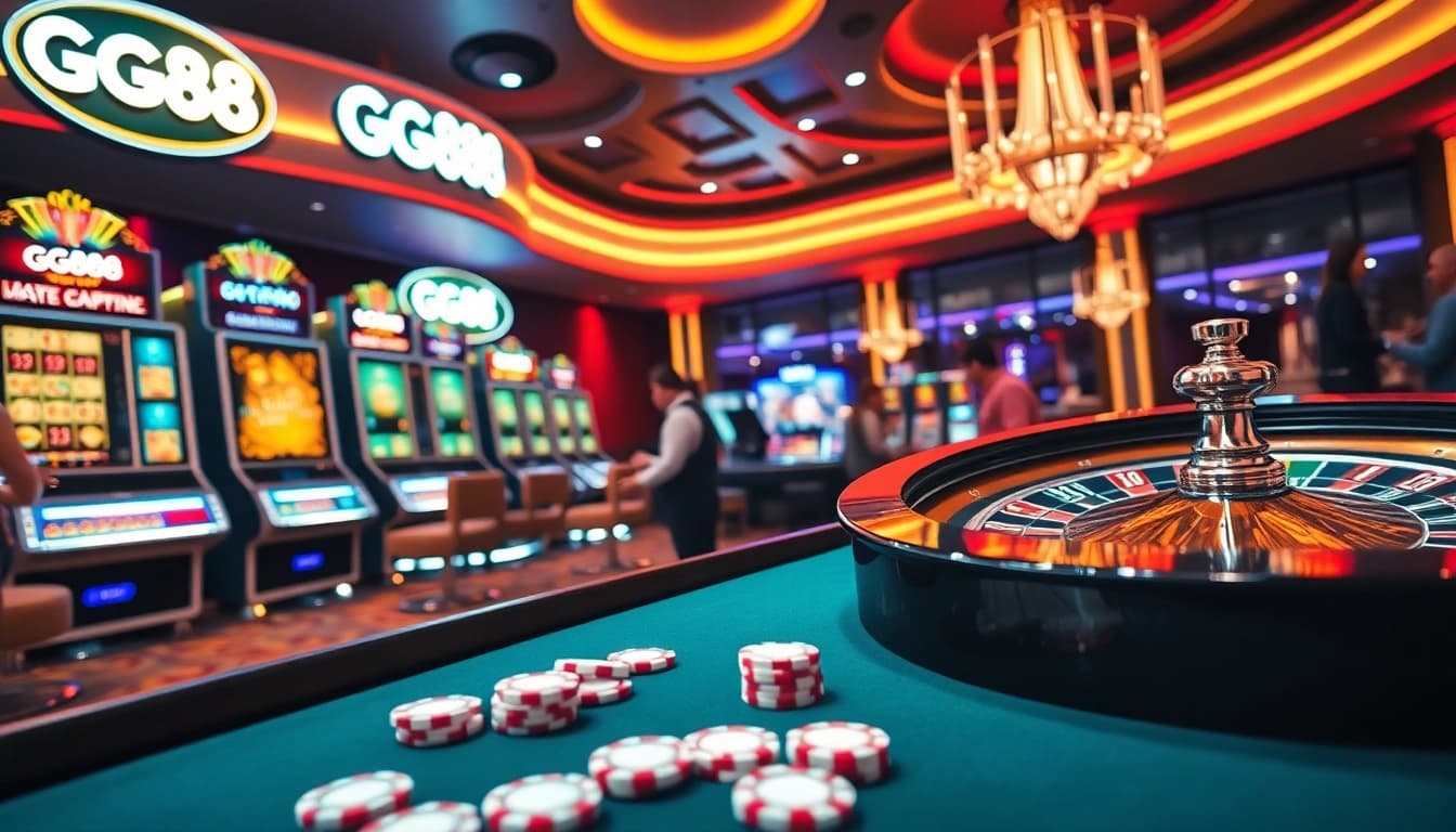 GG88 online gambling interface with vibrant slot machines and a roulette wheel in a luxurious casino setting.