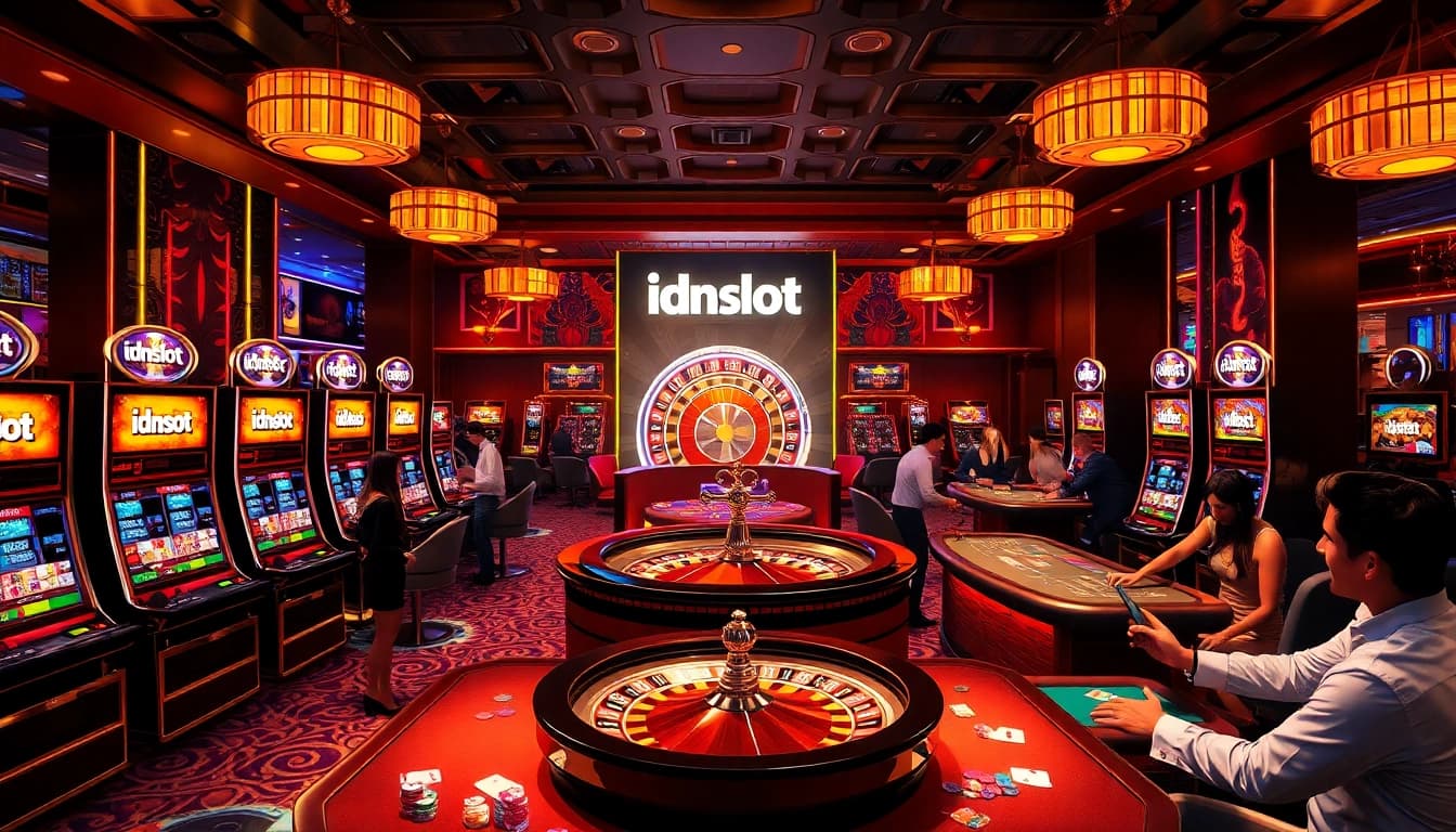Players enjoying thrilling games at an idnslot branded casino, showcasing vibrant slot machines and tables.