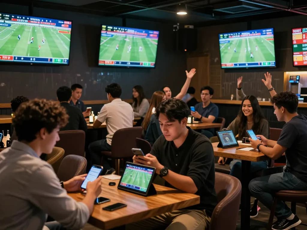 KÈO TRỰC TUYẾN highlights patrons engaged in sports betting action, showcasing excitement with smartphones in a vibrant sports bar.