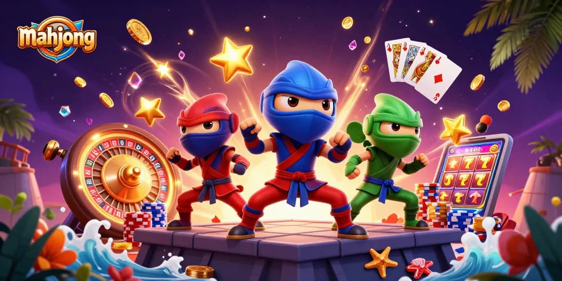 Experience mahjong action with colorful chameleons and dynamic casino elements in a vibrant 3D scene.