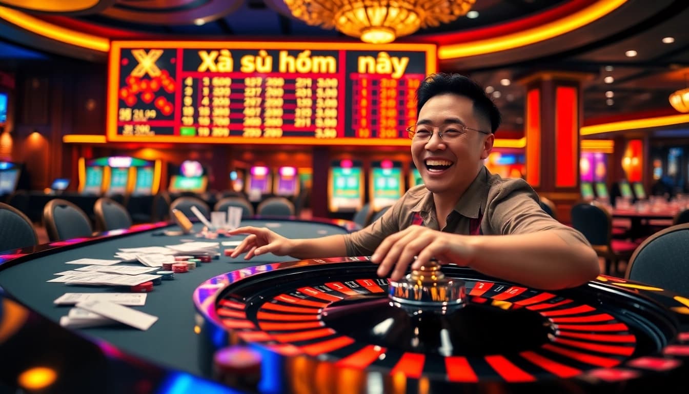 Xổ số hôm nay highlighted in a vibrant casino scene with a winning player at a roulette table.
