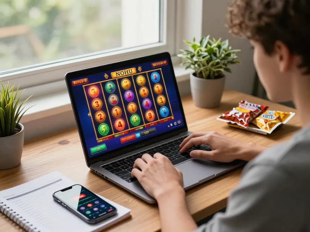 Engaging in nohu gaming with vibrant slot reels displayed on a laptop screen in a cozy workspace.