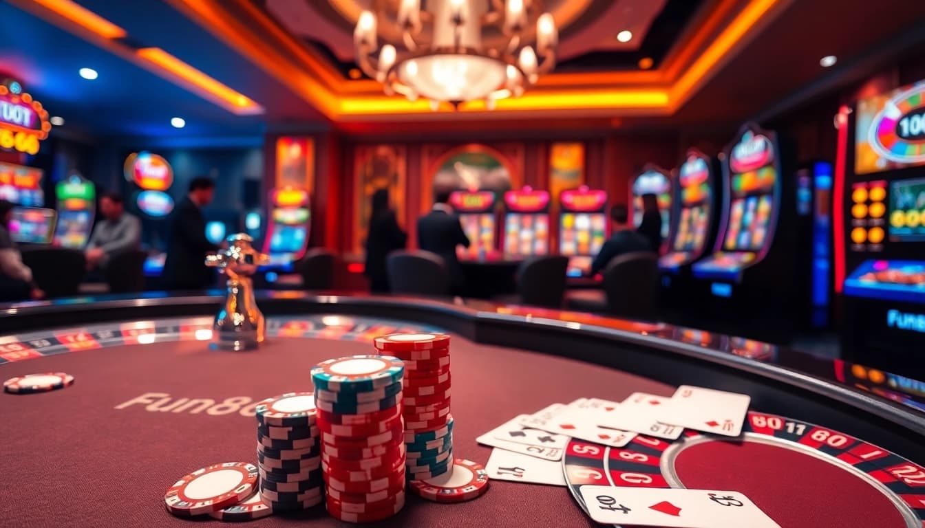 Experience thrilling gambling action at Fun88 with vibrant poker chips and roulette wheels.