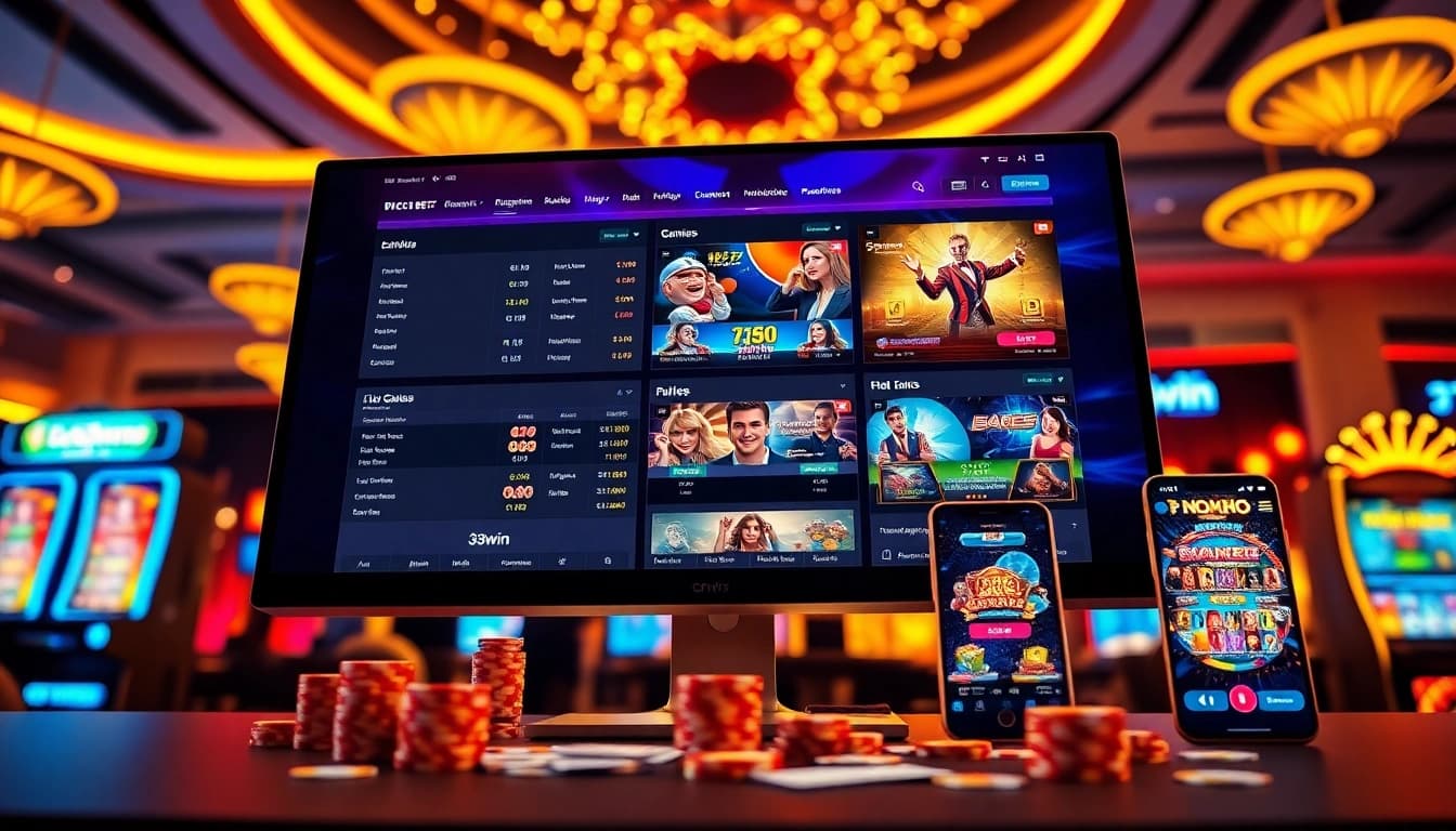 Explore the thrilling world of 33win online gaming with a dynamic interface featuring casino games and sports betting.
