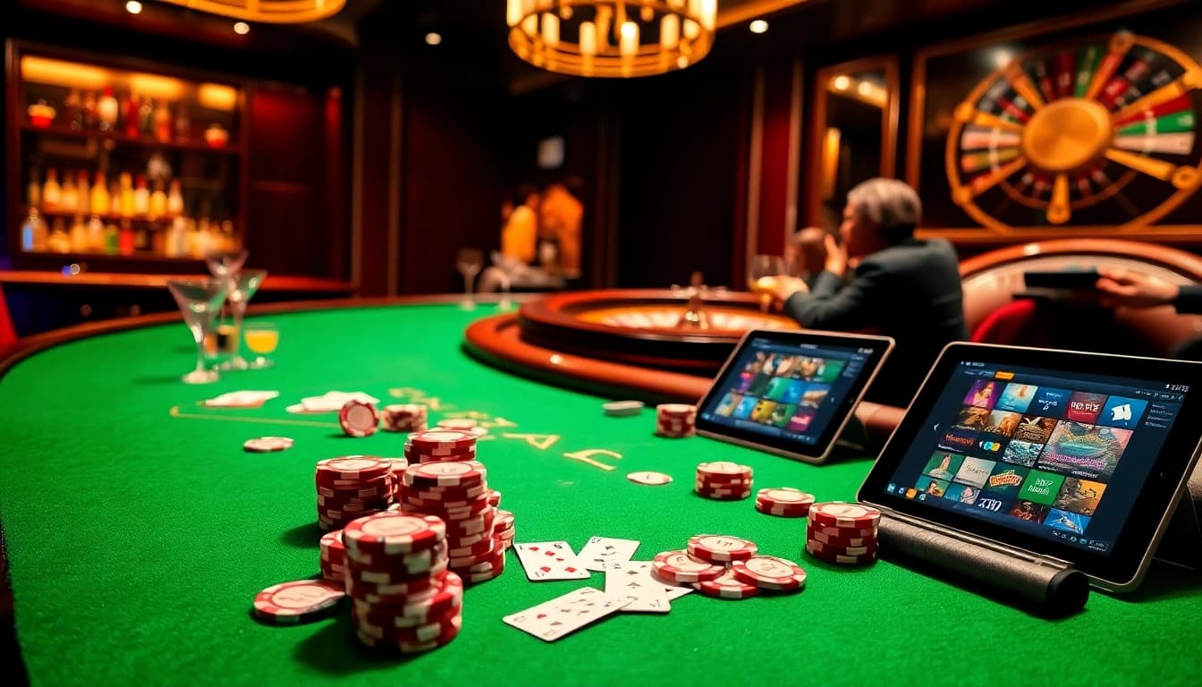 RIKVIP online gambling scene with luxurious casino elements, poker table, and vibrant gaming atmosphere.